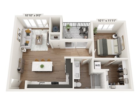 A floor plan of a small apartment with a living room, kitchen, and bathroom.